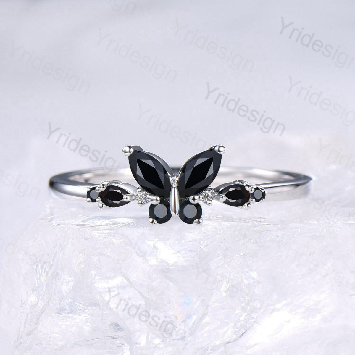 Unique Butterfly Black Onyx Engagement Ring Vintage Pear Black Onyx Wedding Ring Silver Gold Spinel Dainty Nature Inspired Anniversary Ring