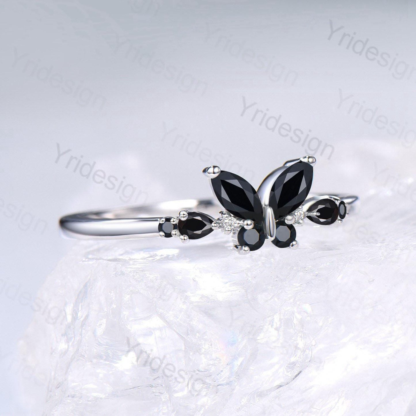 Unique Butterfly Black Onyx Engagement Ring Vintage Pear Black Onyx Wedding Ring Silver Gold Spinel Dainty Nature Inspired Anniversary Ring