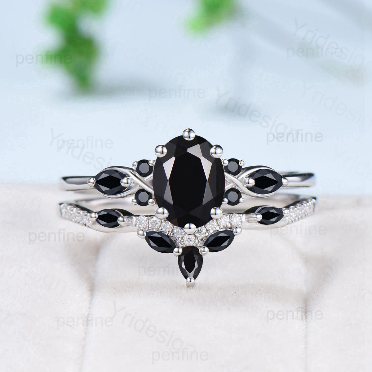 Vintage oval black moissanite engagement ring 14k white gold twisted unique black onyx wedding ring set art deco anniversary gift bridal set