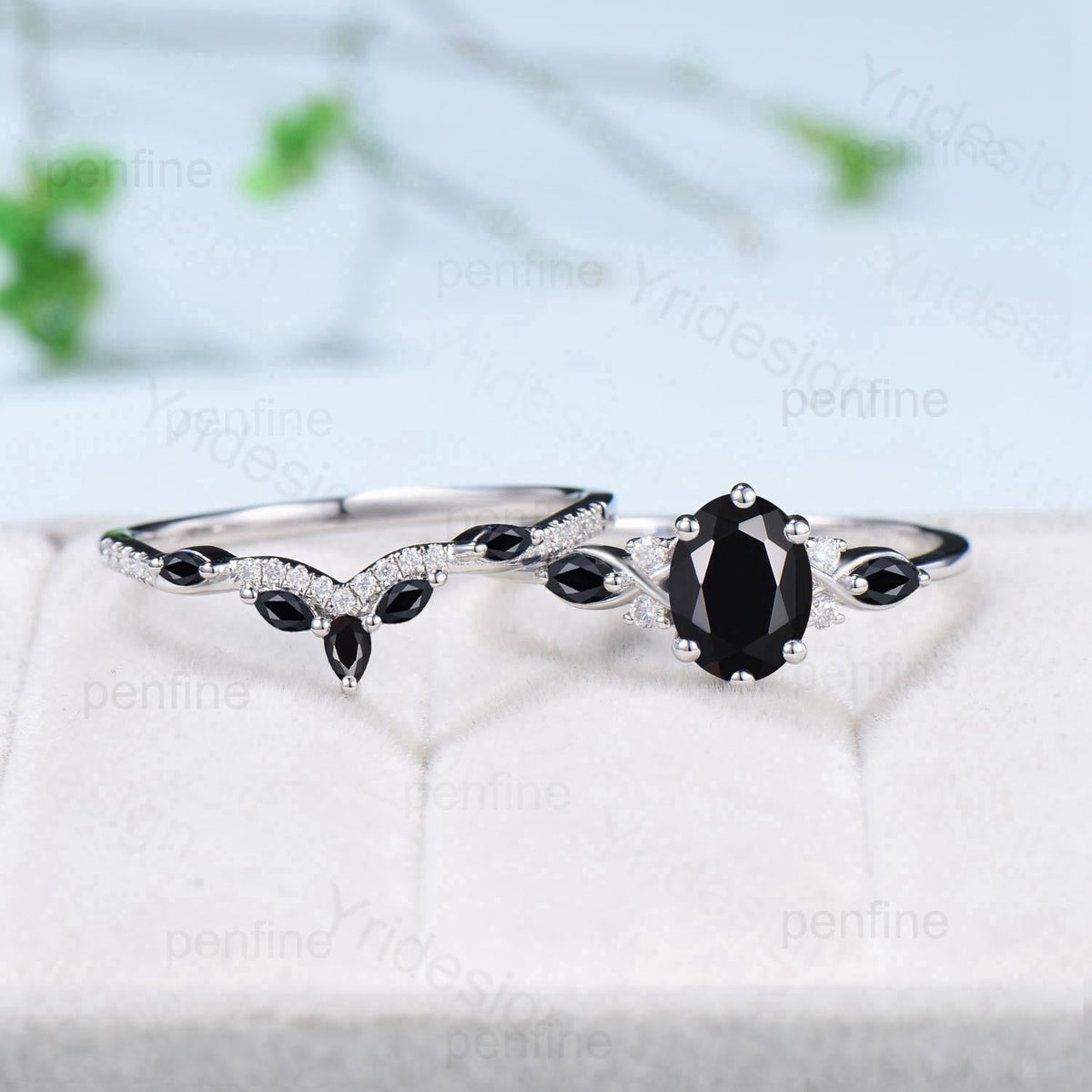 Vintage oval black moissanite engagement ring 14k white gold twisted unique black onyx wedding ring set art deco anniversary gift bridal set
