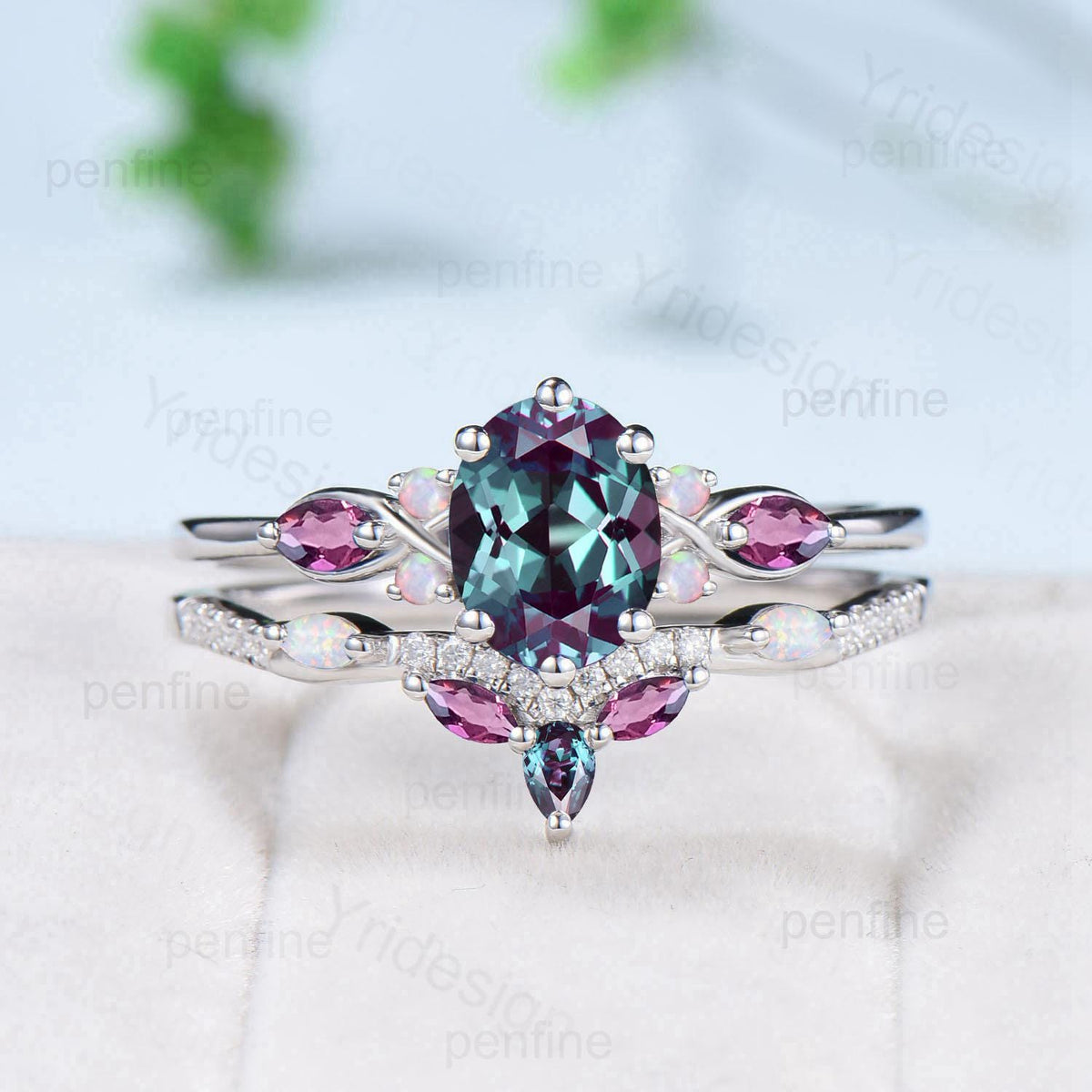 Vintage oval alexandrite engagement ring 14k white gold twisted unique opal amethyst wedding ring set art deco anniversary gift bridal set