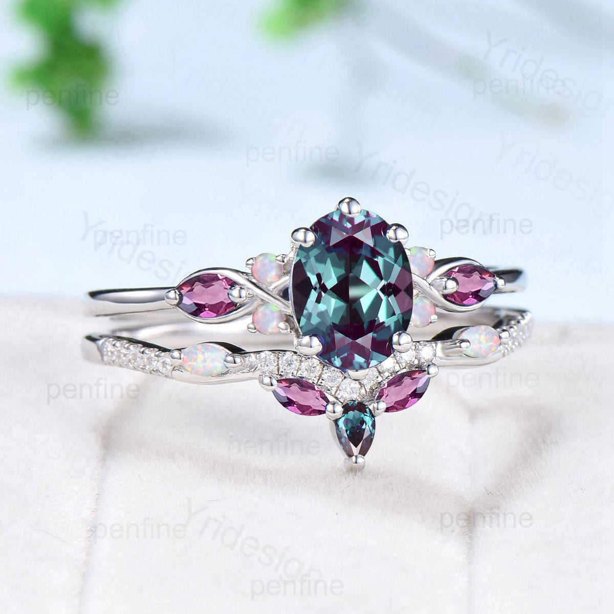 Vintage oval alexandrite engagement ring 14k white gold twisted unique opal amethyst wedding ring set art deco anniversary gift bridal set