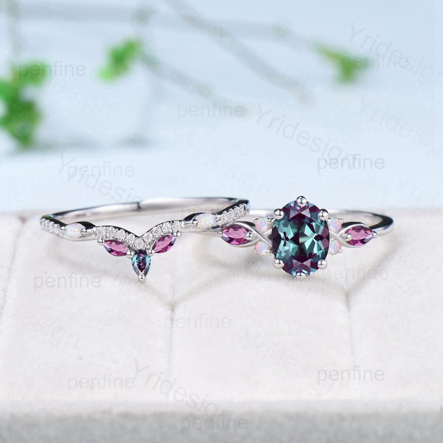Vintage oval alexandrite engagement ring 14k white gold twisted unique opal amethyst wedding ring set art deco anniversary gift bridal set