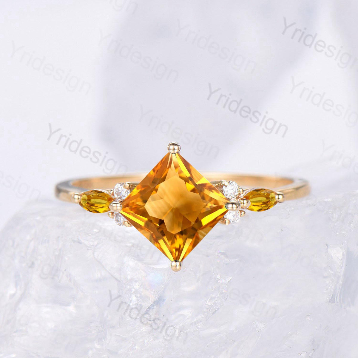 Unique Princess Cut Citrine Engagement Ring Set Vintage 14k Yellow Gold Sterling Silver November Birthstone Ring Art Deco Bridal Ring Set