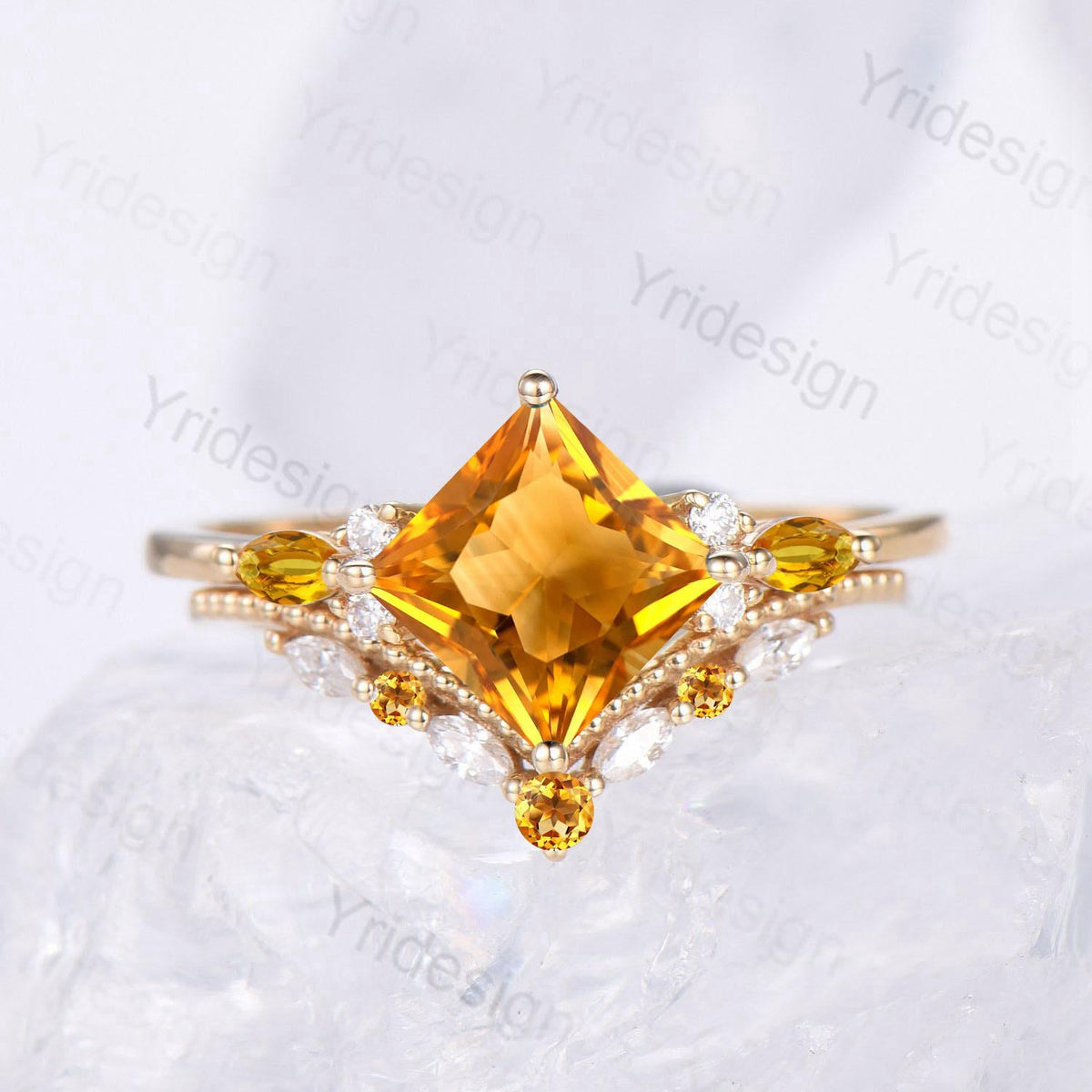 Unique Princess Cut Citrine Engagement Ring Set Vintage 14k Yellow Gold Sterling Silver November Birthstone Ring Art Deco Bridal Ring Set