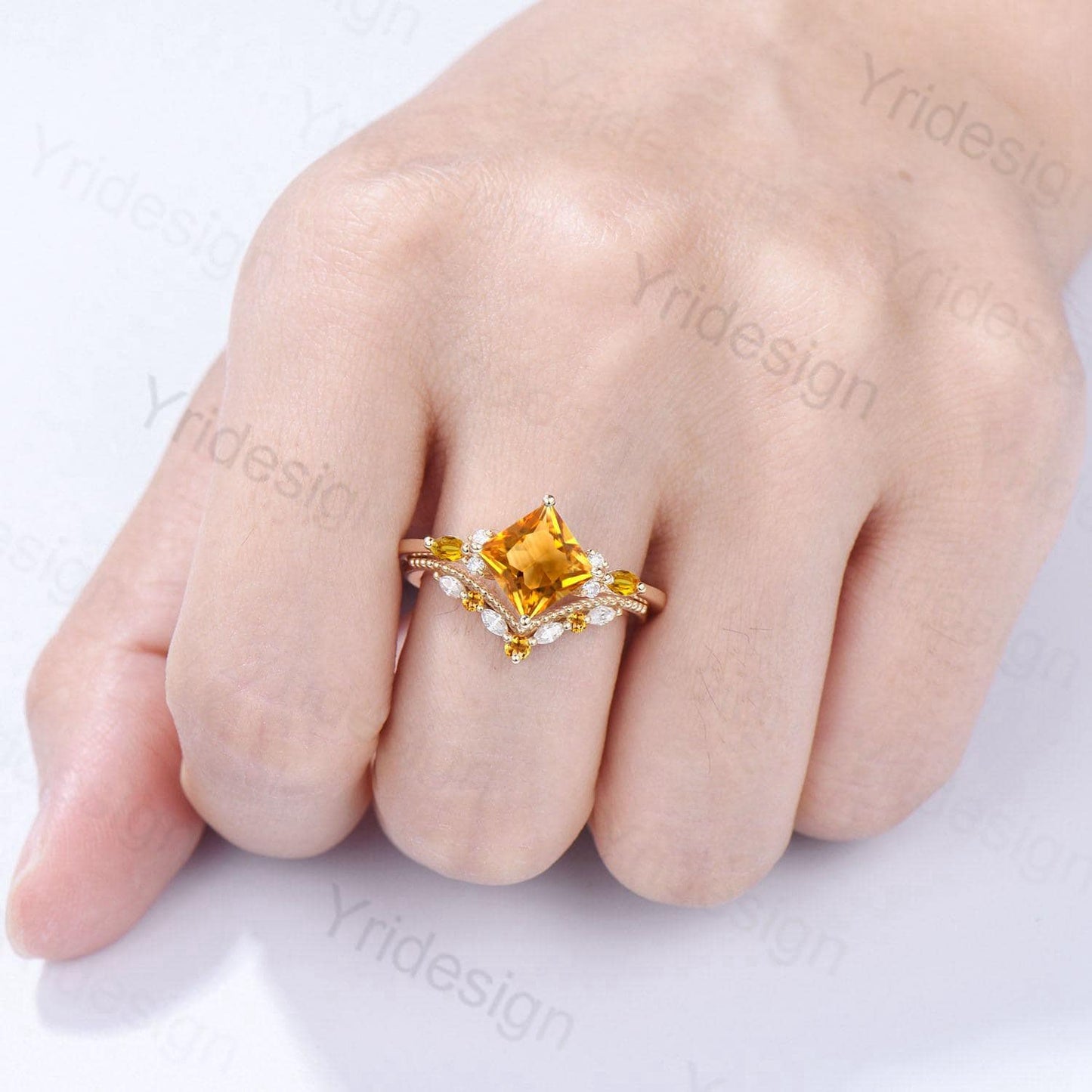 Unique Princess Cut Citrine Engagement Ring Set Vintage 14k Yellow Gold Sterling Silver November Birthstone Ring Art Deco Bridal Ring Set