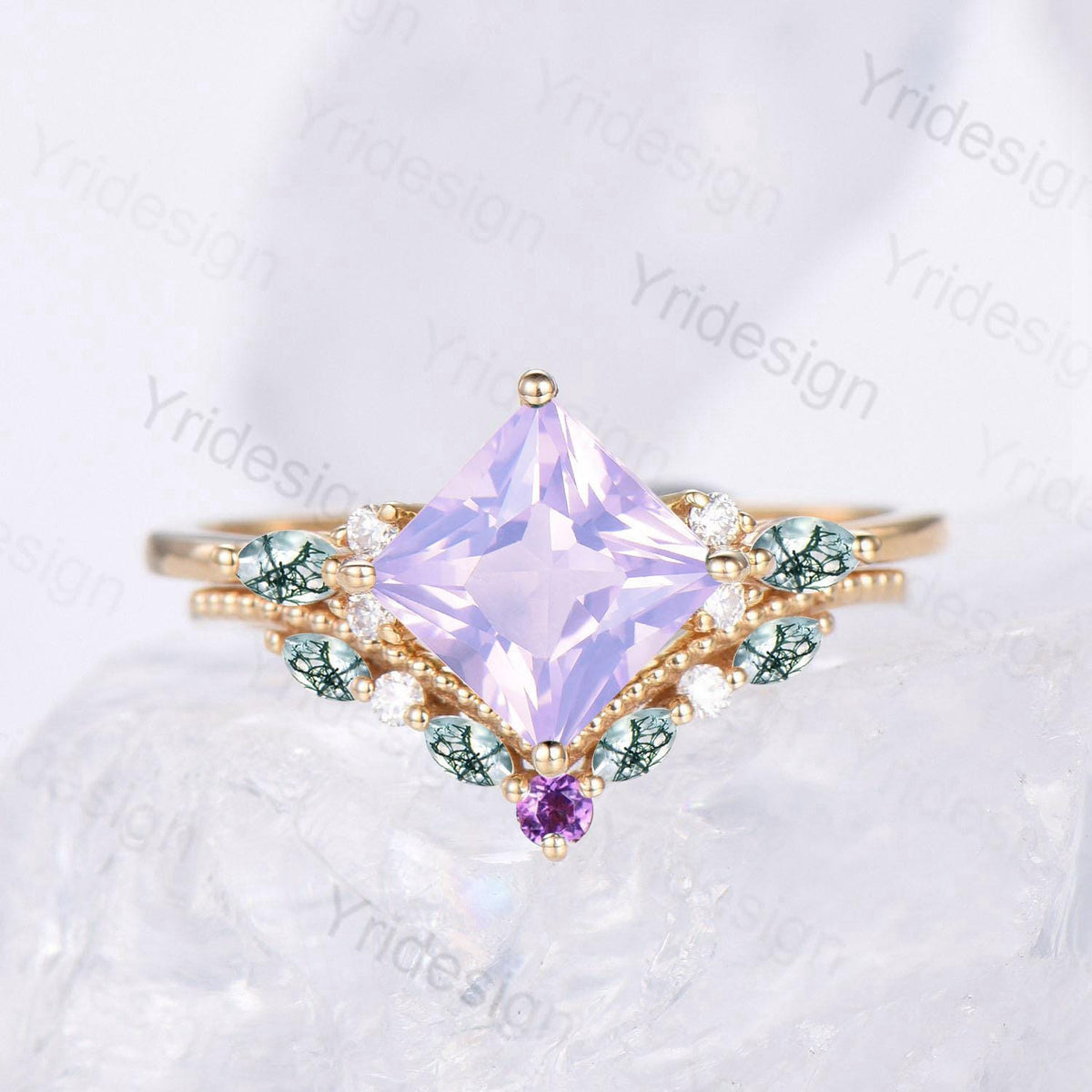 Unique Princess Cut Lavender Amethyst Engagement Ring Set Vintage 14k Yellow Gold Sterling Silver Moss Agate Ring Art Deco Bridal Set Women