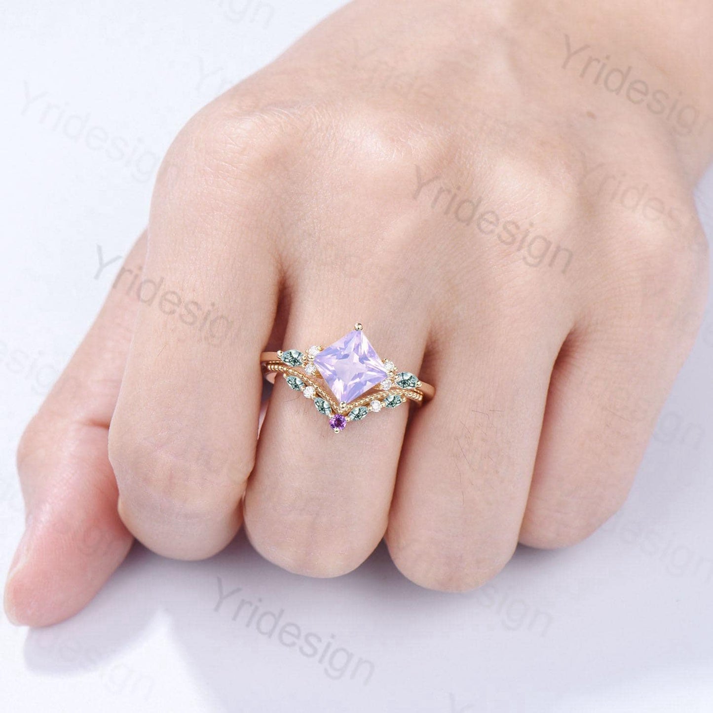 Unique Princess Cut Lavender Amethyst Engagement Ring Set Vintage 14k Yellow Gold Sterling Silver Moss Agate Ring Art Deco Bridal Set Women