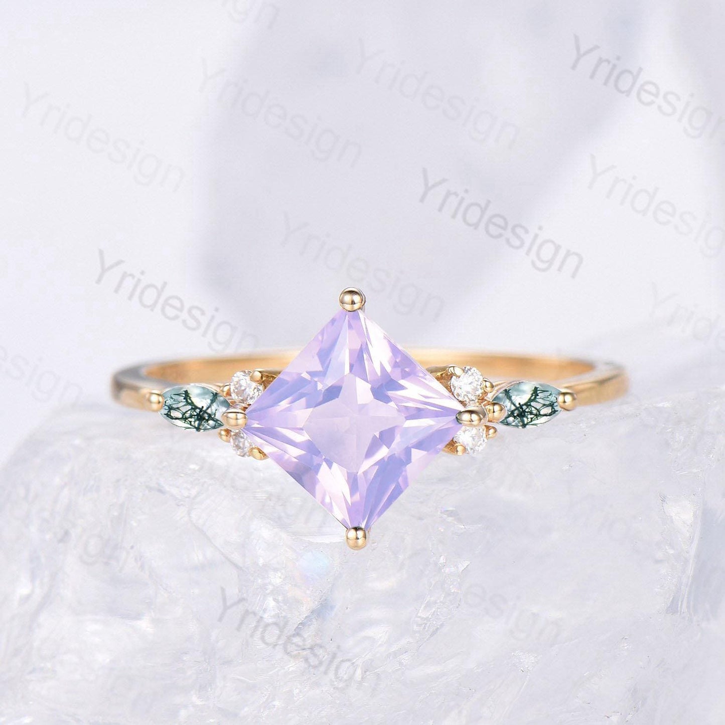 Unique Princess Cut Lavender Amethyst Engagement Ring Set Vintage 14k Yellow Gold Sterling Silver Moss Agate Ring Art Deco Bridal Set Women