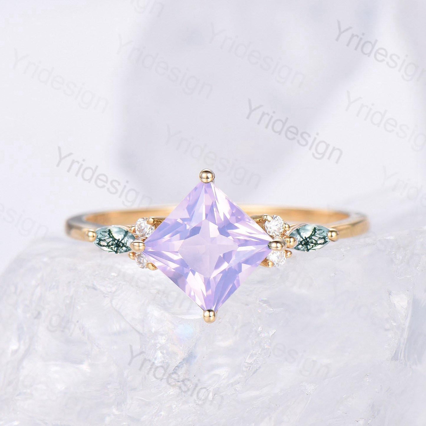 Vintage Princess Cut Lavender Amethyst Engagement Ring Set Vintage Seven Stone Marquise Moss Agate Band Opal Agate Art Deco Bridal Set Women