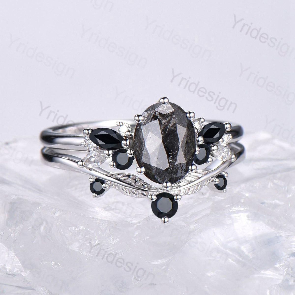 Unique salt and pepper diamond engagement ring set Art Deco Bee black spinel wedding ring vintage leaf vine stacking band bridal set women