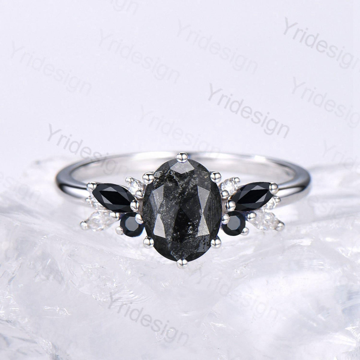 Unique salt and pepper diamond engagement ring set Art Deco Bee black spinel wedding ring vintage leaf vine stacking band bridal set women