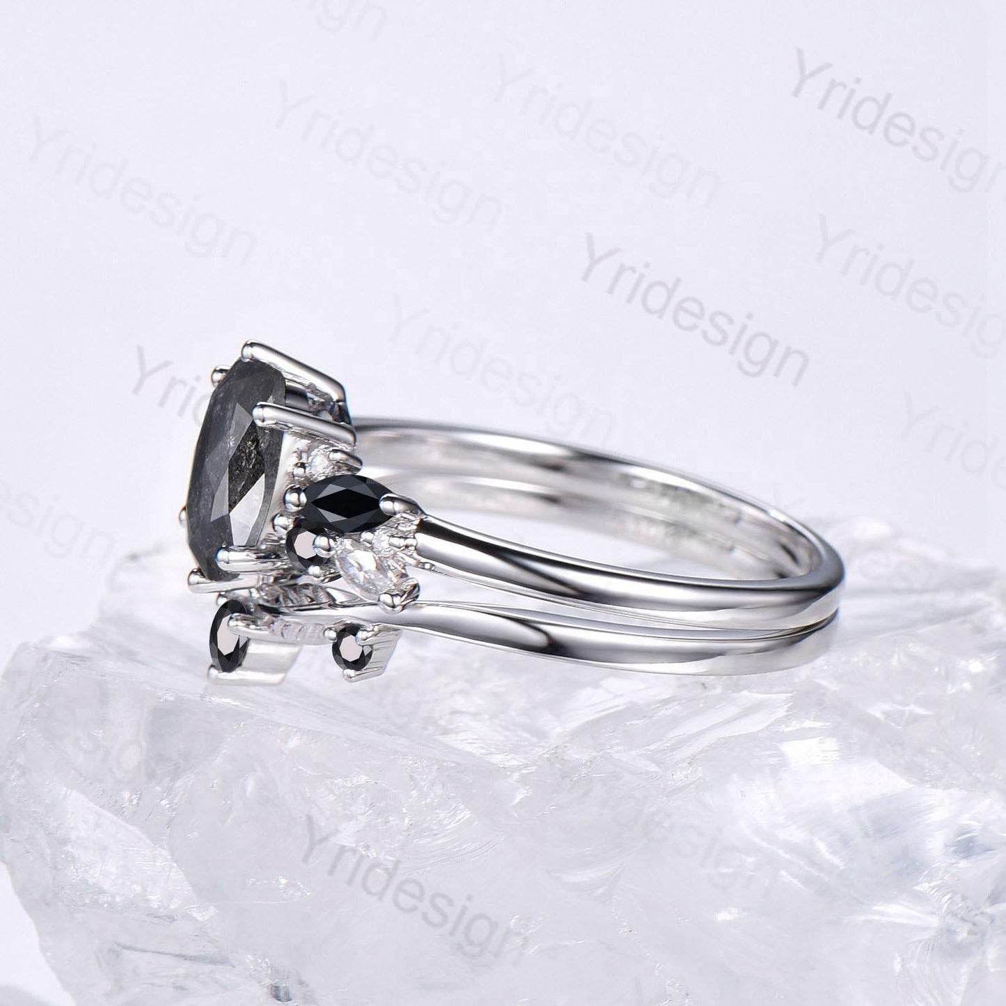 Unique salt and pepper diamond engagement ring set Art Deco Bee black spinel wedding ring vintage leaf vine stacking band bridal set women