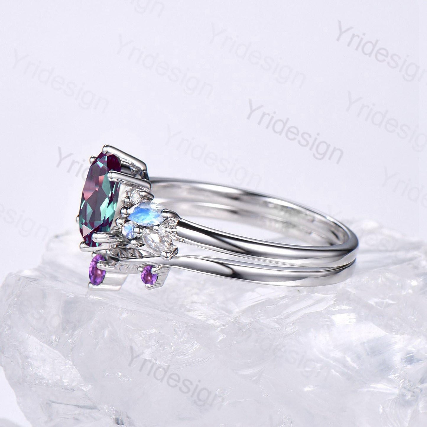 Unique Alexandrite Engagement Ring Set, 14k White Gold Moonstone June Birthstone Wedding Set, Leaf Amethyst Promise Stacking Band Bridal Set