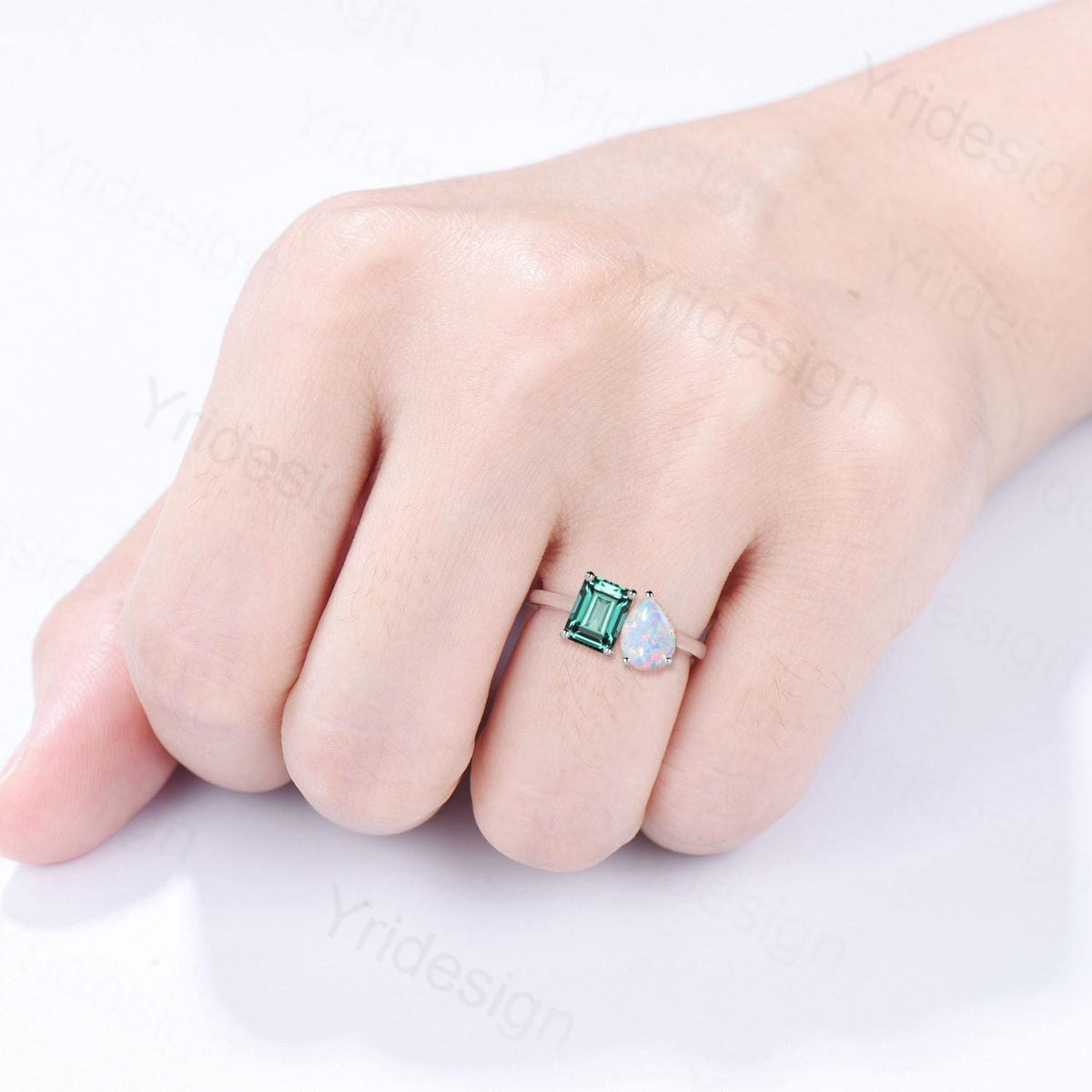 Emerald Cut Emerald And Pear White Opal Ring, Two Stone Wedding Ring, Promise Ring Her, Best Anniversary Gift, Toi Et Moi Engagement Ring