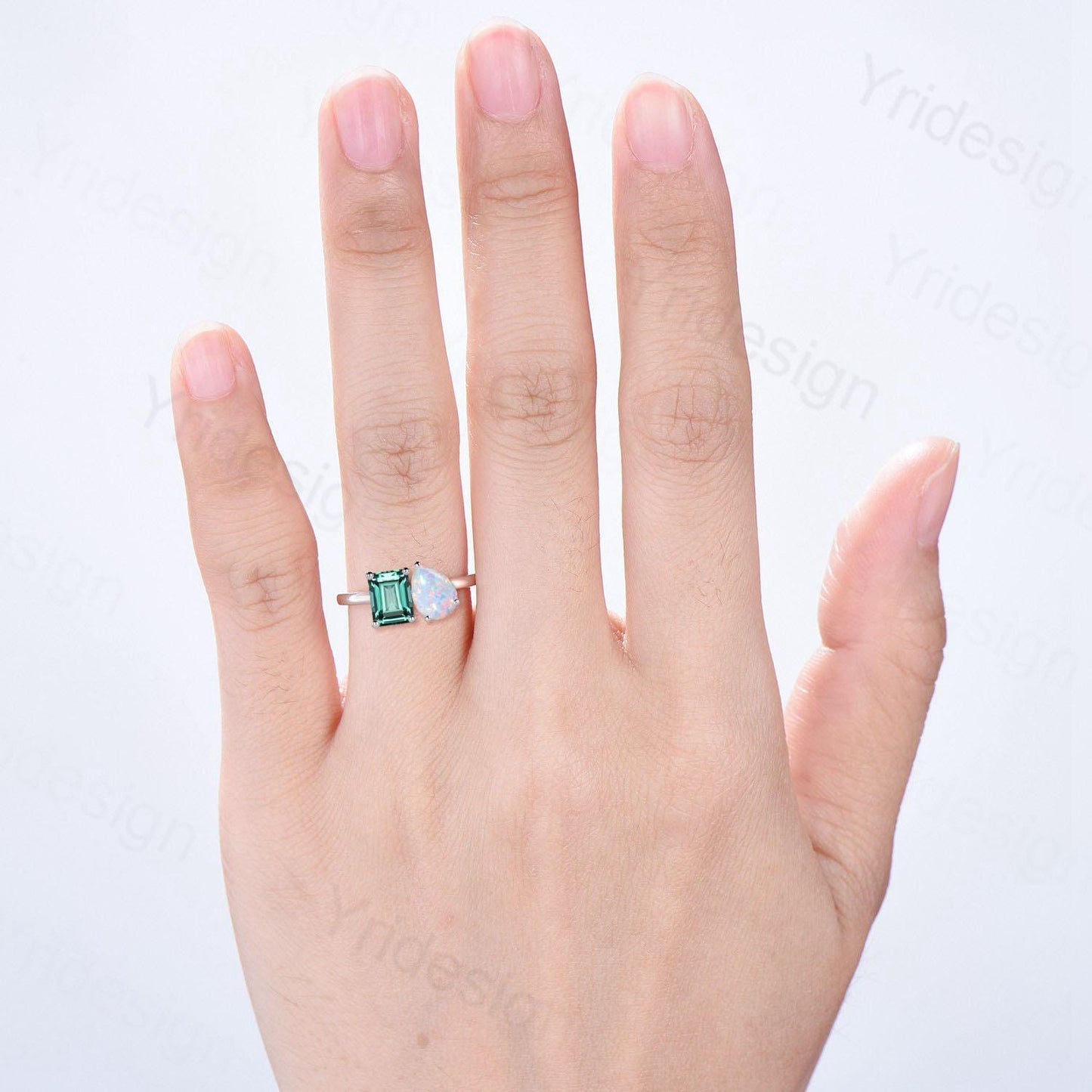 Emerald Cut Emerald And Pear White Opal Ring, Two Stone Wedding Ring, Promise Ring Her, Best Anniversary Gift, Toi Et Moi Engagement Ring