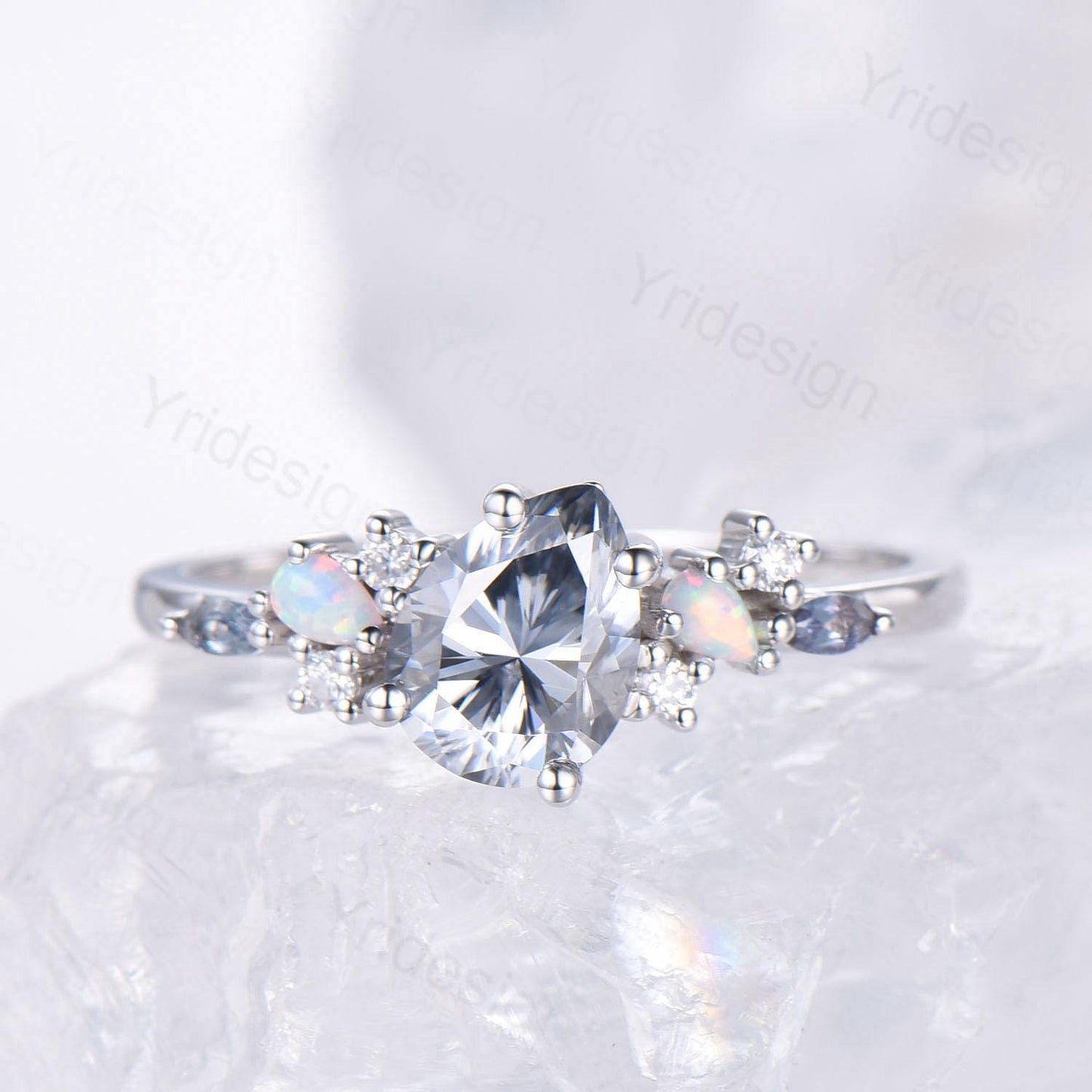Unique Gray Moissanite Engagement Ring White Gold Pear Shaped Bridal Ring Cluster Opal Alexandrite Alternative Wedding Ring Anniversary gift