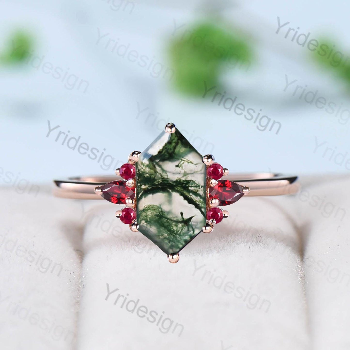 Vintage Long Hexagon cut moss agate cluster pear shaped sapphire Green Agate engagement ring art deco anniversary gift ring for women