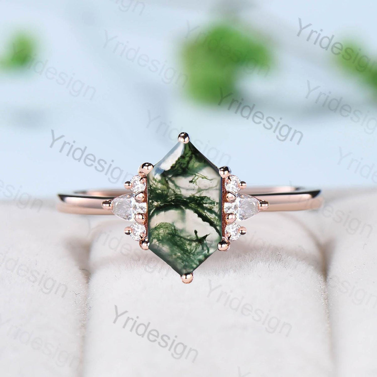 Vintage Long Hexagon cut moss agate cluster pear shaped sapphire Green Agate engagement ring art deco anniversary gift ring for women