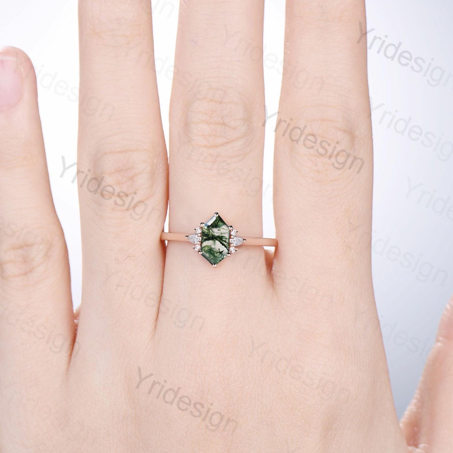 Vintage Long Hexagon cut moss agate cluster pear shaped sapphire Green Agate engagement ring art deco anniversary gift ring for women