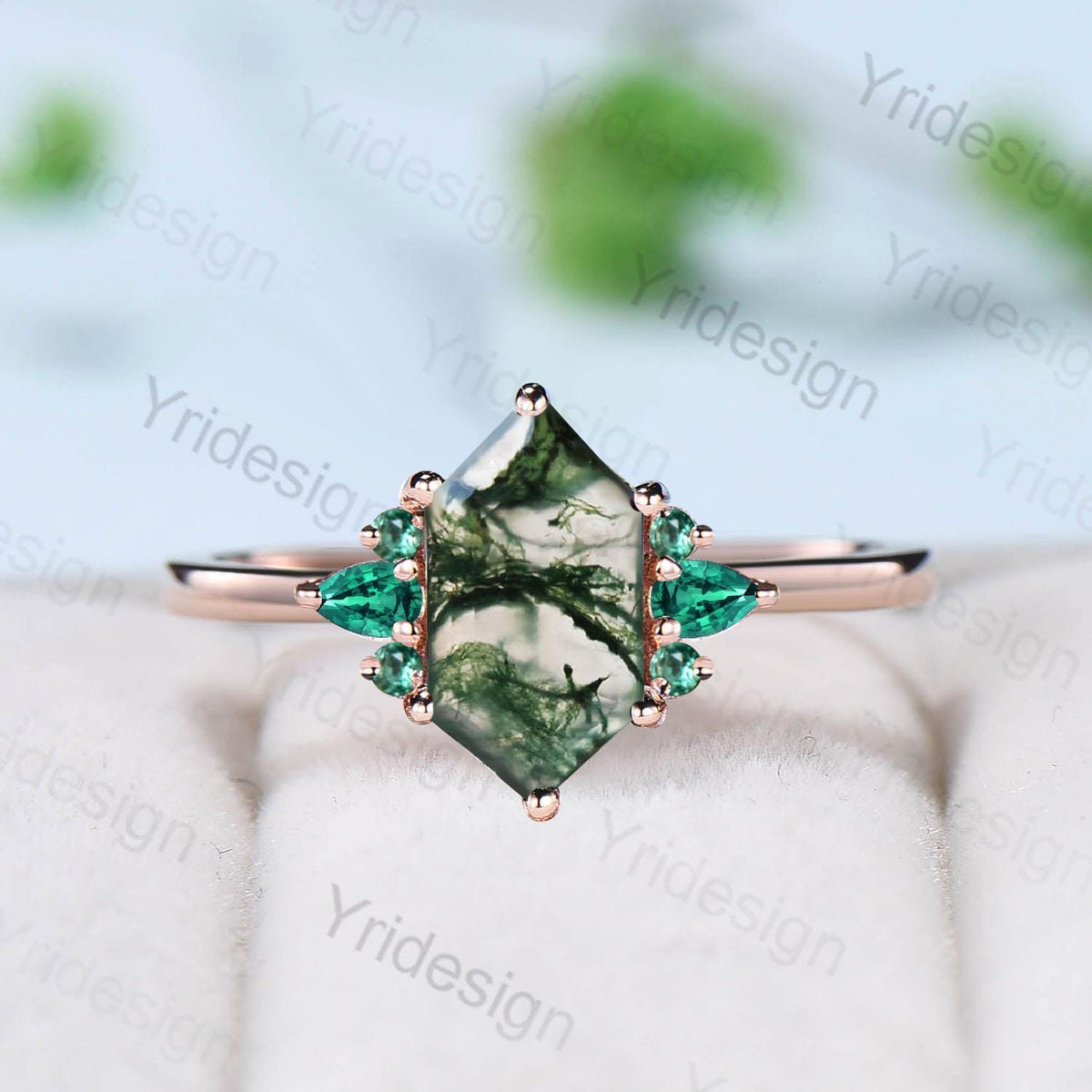 Vintage Long Hexagon cut moss agate cluster pear shaped sapphire Green Agate engagement ring art deco anniversary gift ring for women