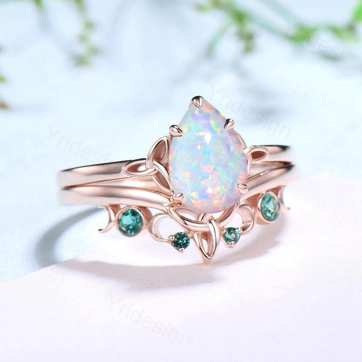 Celtic Knot White Opal Bridal Ring Set, 6x9mm Pear Shaped Fire Opal Engagement Ring Set, Emerald Stacking Matching Band, Anniversary Gift