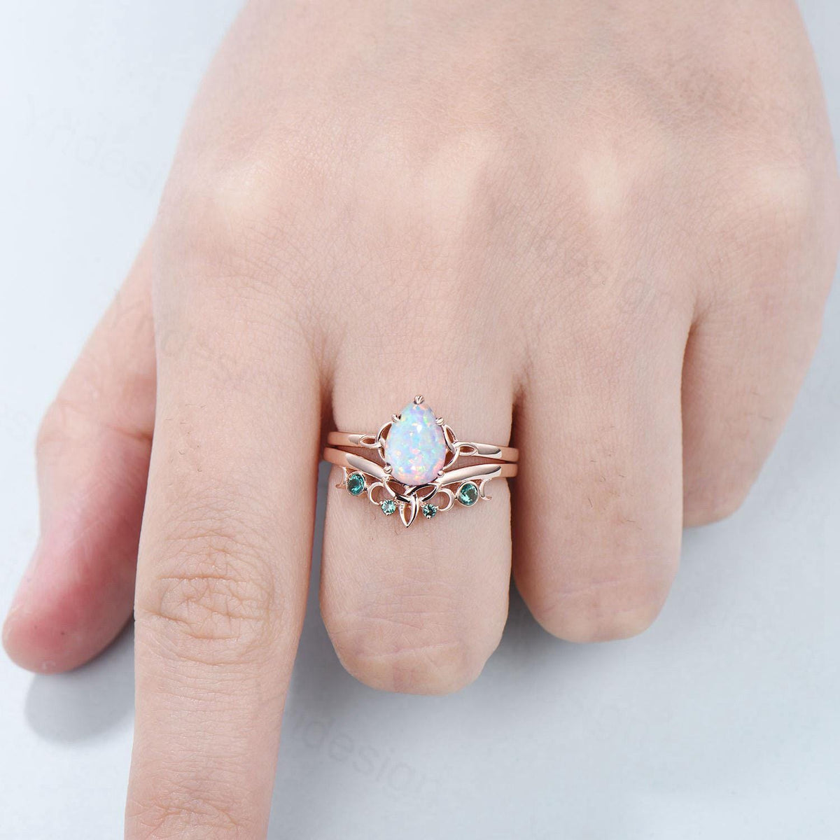 Celtic Knot White Opal Bridal Ring Set, 6x9mm Pear Shaped Fire Opal Engagement Ring Set, Emerald Stacking Matching Band, Anniversary Gift