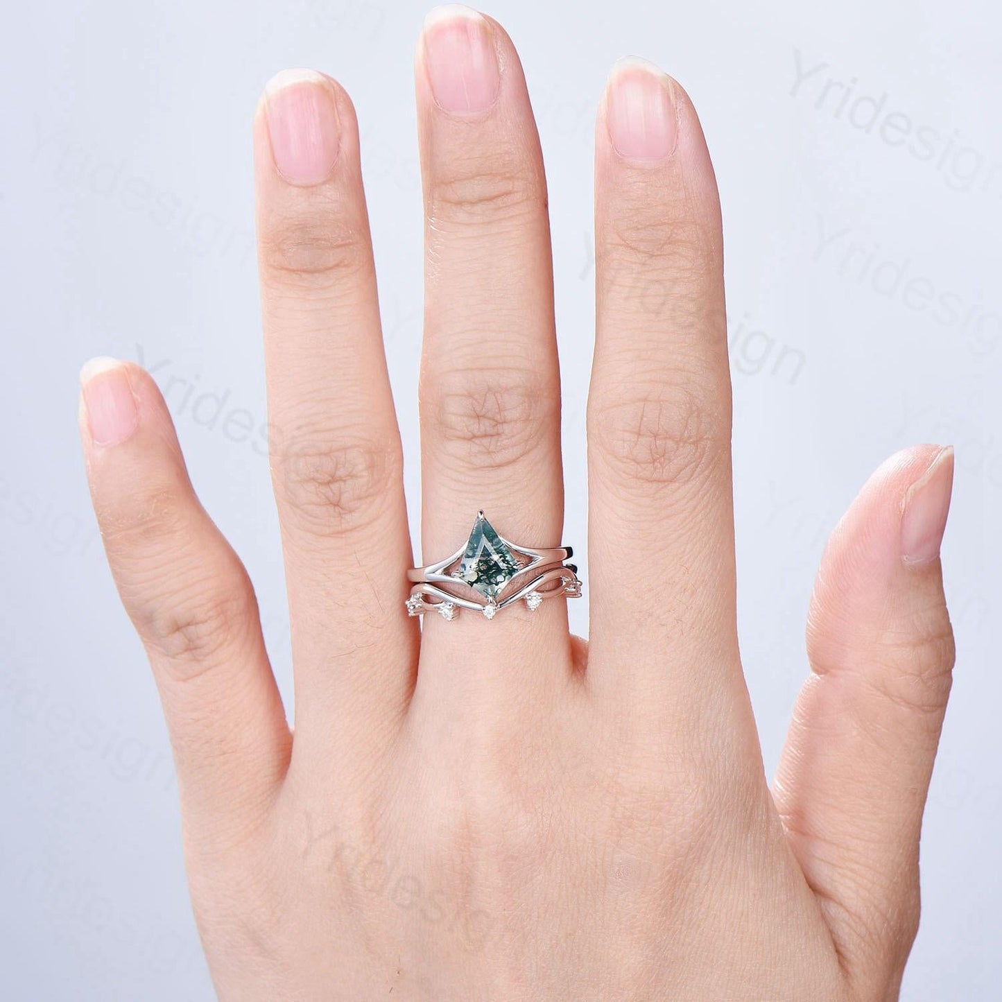 Split shank Kite cut moss agate ring set solitaire green agate engagement ring set art deco bridal wedding ring set anniversary gift women