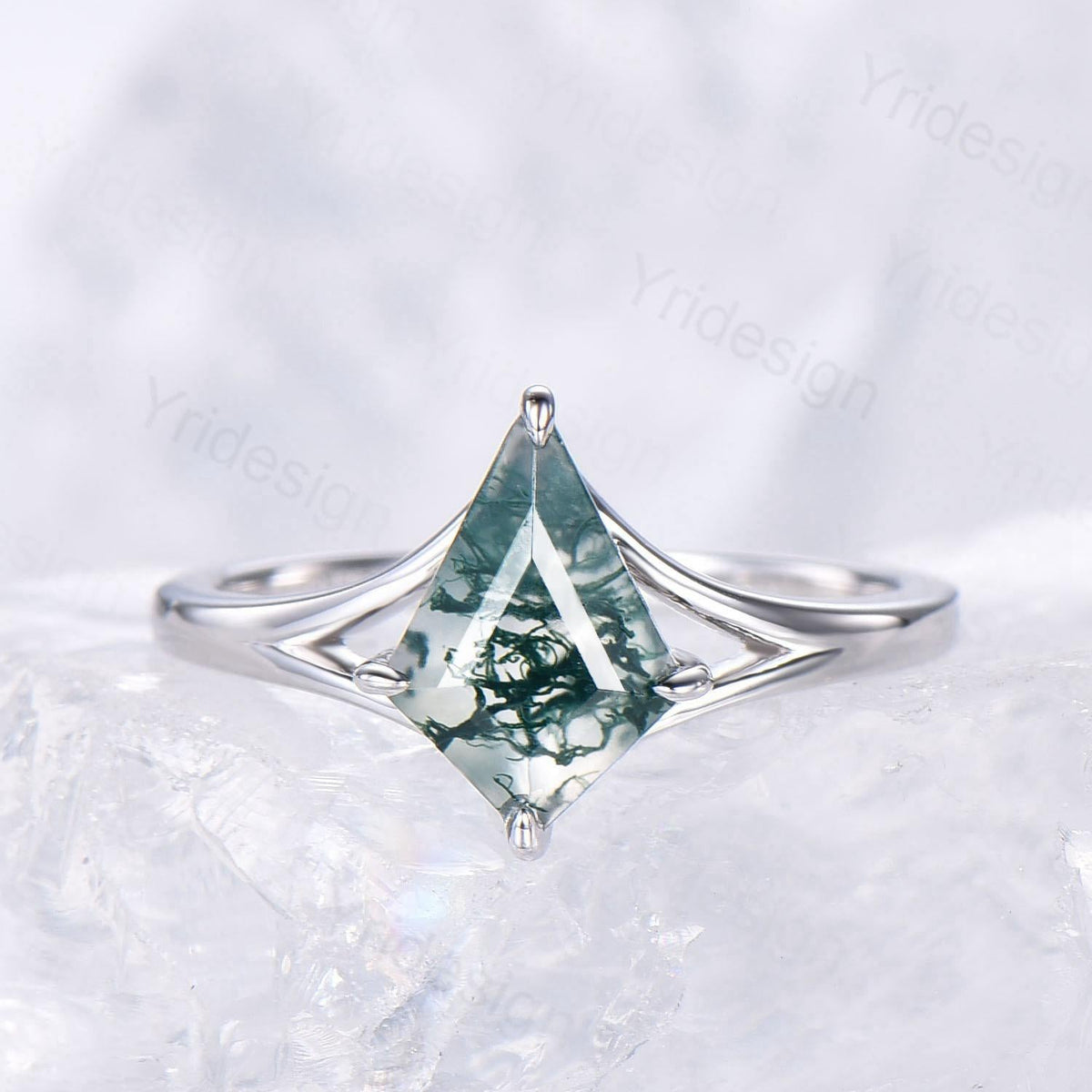 Split shank Kite cut moss agate ring set solitaire green agate engagement ring set art deco bridal wedding ring set anniversary gift women
