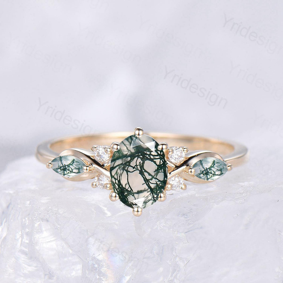 1CT oval cut green moss agate engagement ring set marquise natural green gemstone cluster ring silver 14 yellow gold bridal ring set for her