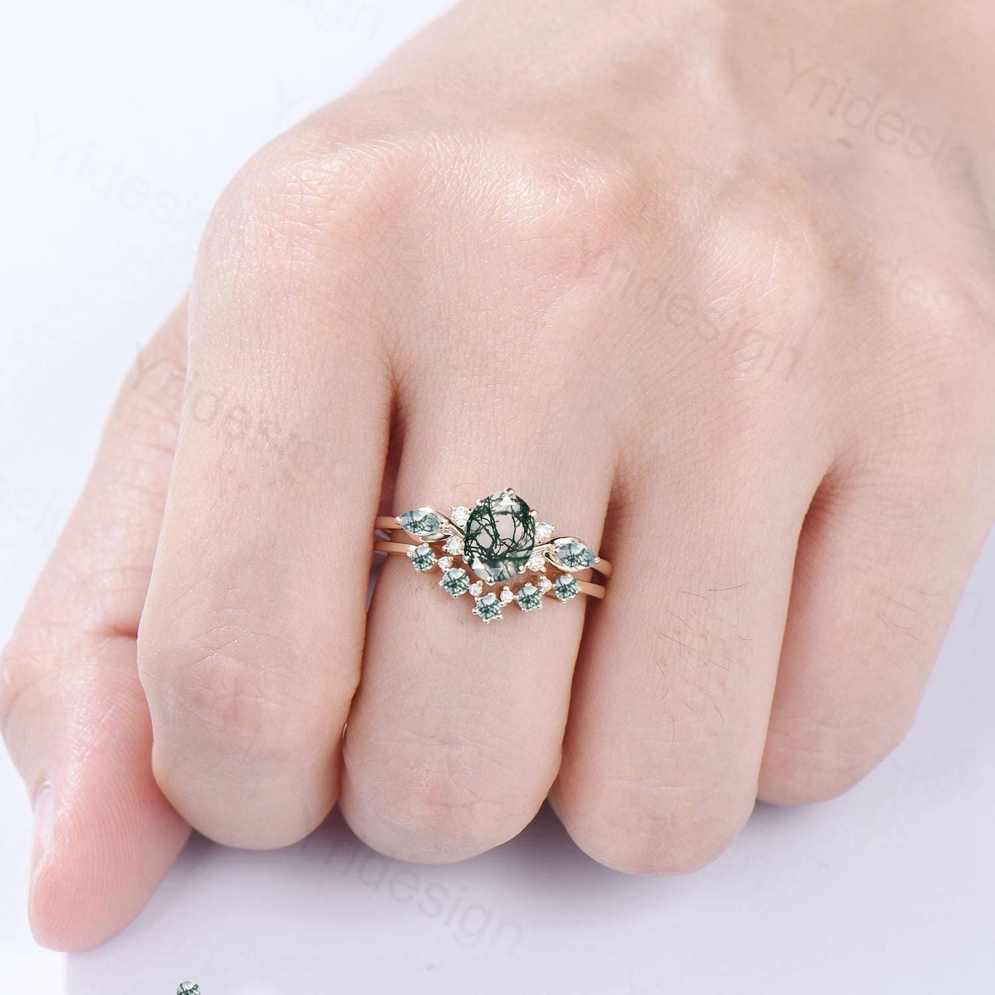 1CT oval cut green moss agate engagement ring set marquise natural green gemstone cluster ring silver 14 yellow gold bridal ring set for her