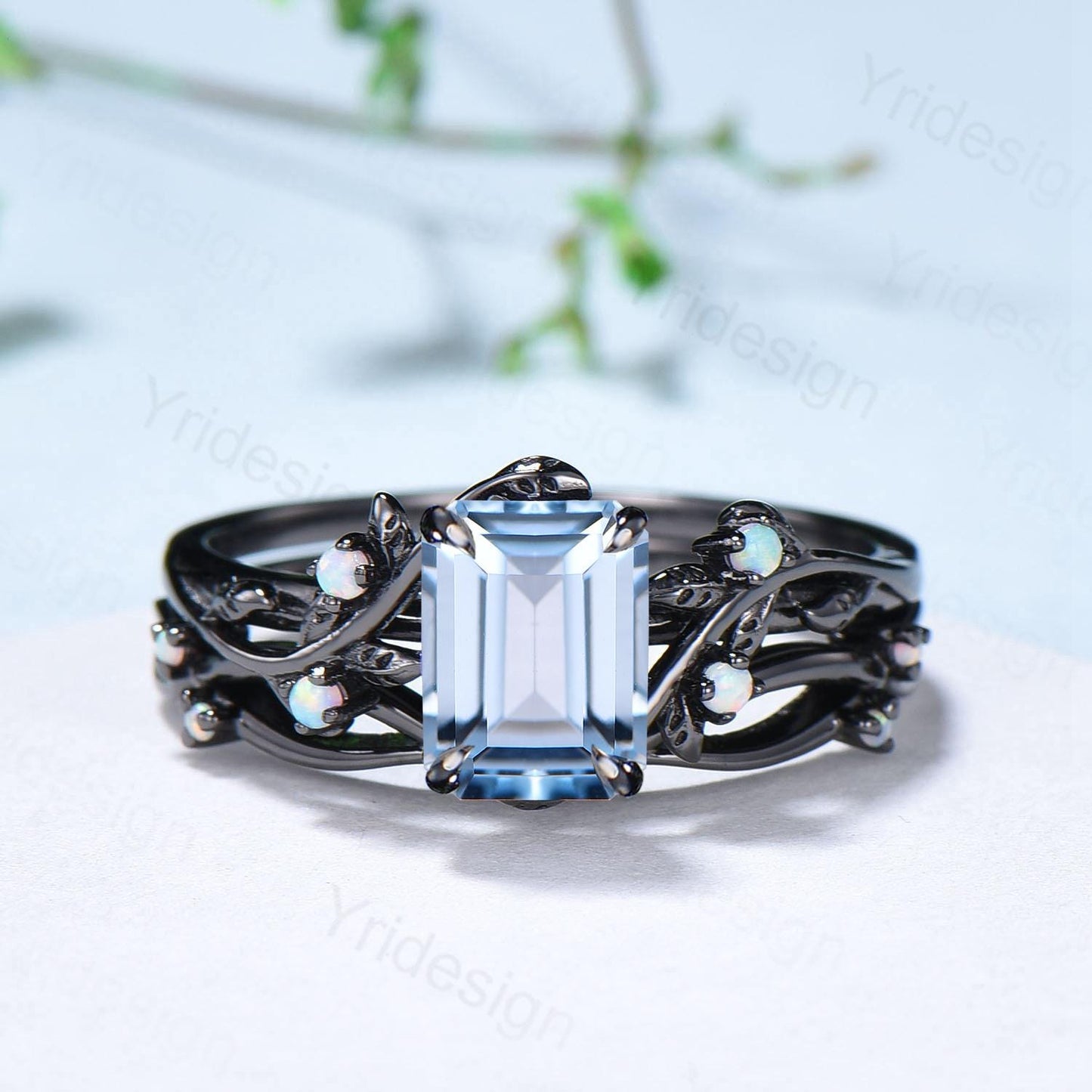 Unique black gold aquamarine engagement ring set March birthstone and opal nature inspired bridal ring set Leaf twig ladies anniversary gift