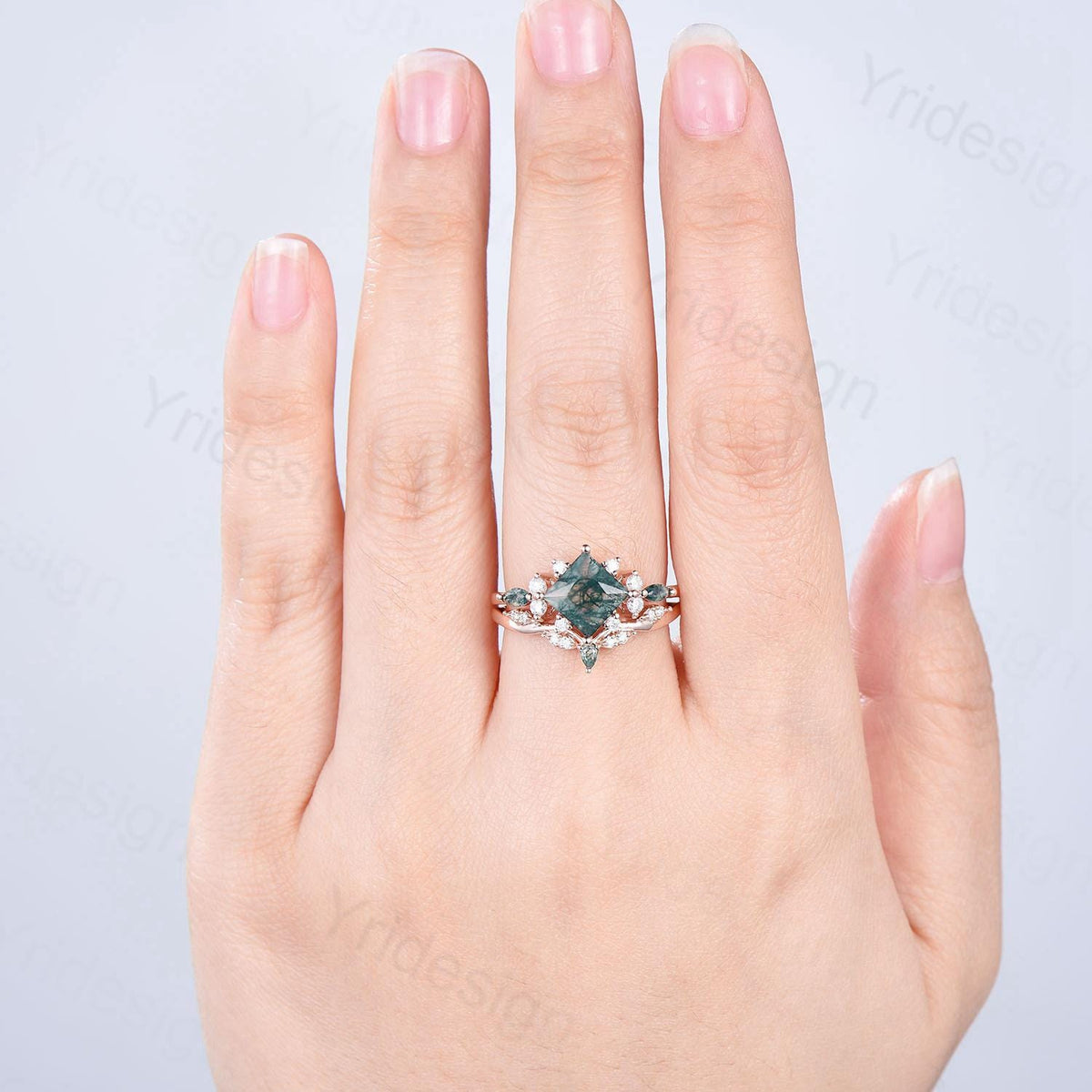 Vintage 2CT Princess Cut Green Moss Agate Engagement Ring Cluster Nature Marquise Green Gemstone Ring Set 2pcs Bridal Ring 14K Rose Gold Set