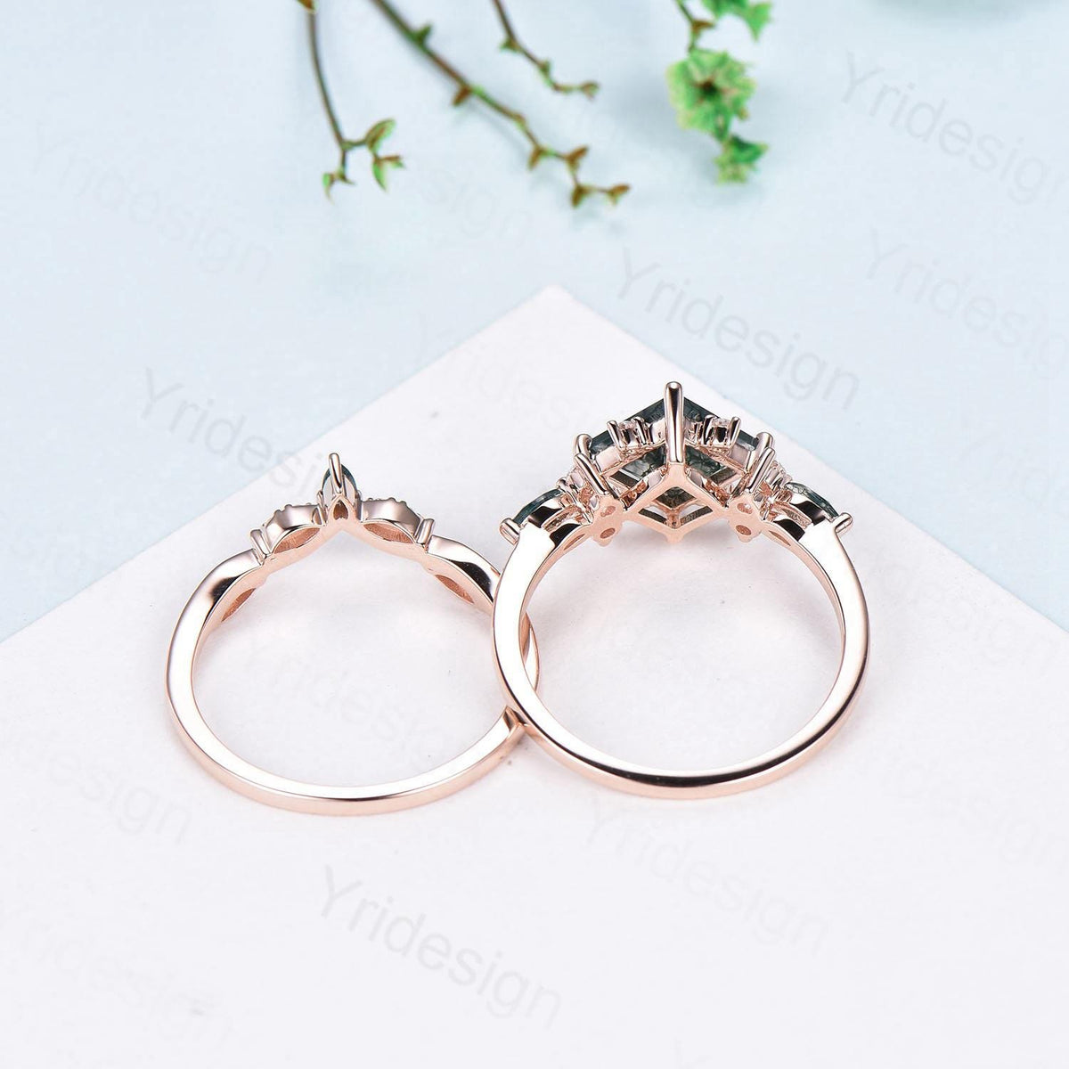 Vintage 2CT Princess Cut Green Moss Agate Engagement Ring Cluster Nature Marquise Green Gemstone Ring Set 2pcs Bridal Ring 14K Rose Gold Set