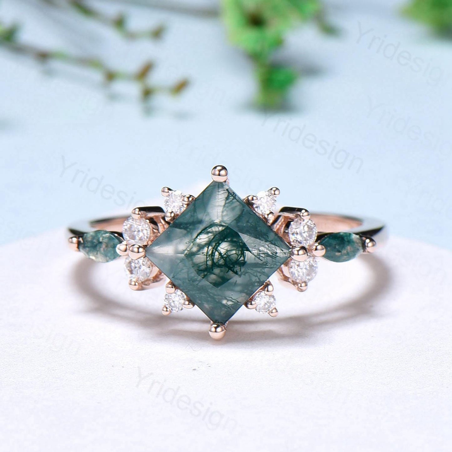Vintage 2CT Princess Cut Green Moss Agate Engagement Ring Cluster Nature Marquise Green Gemstone Ring Set 2pcs Bridal Ring 14K Rose Gold Set