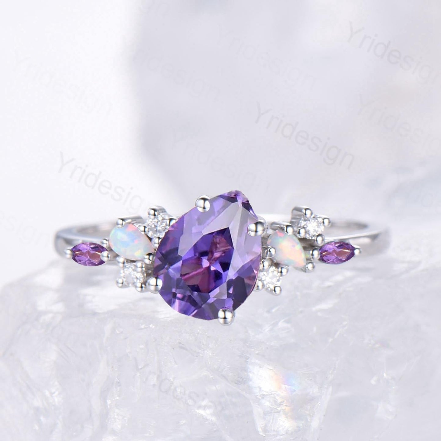 Unique Purple Gemstone Engagement Ring, Cluster Opal Lavender Amethyst Wedding Ring, Pear Shaped Purple Sapphire Ring Cute Anniversary Gift