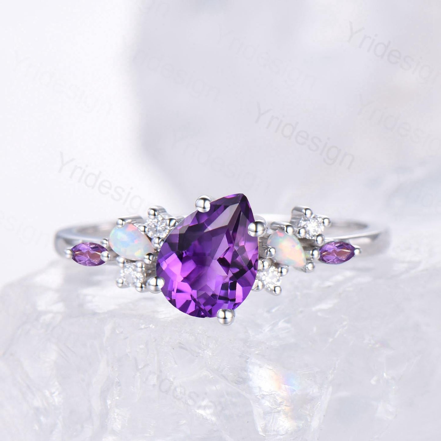 Unique Purple Gemstone Engagement Ring, Cluster Opal Lavender Amethyst Wedding Ring, Pear Shaped Purple Sapphire Ring Cute Anniversary Gift