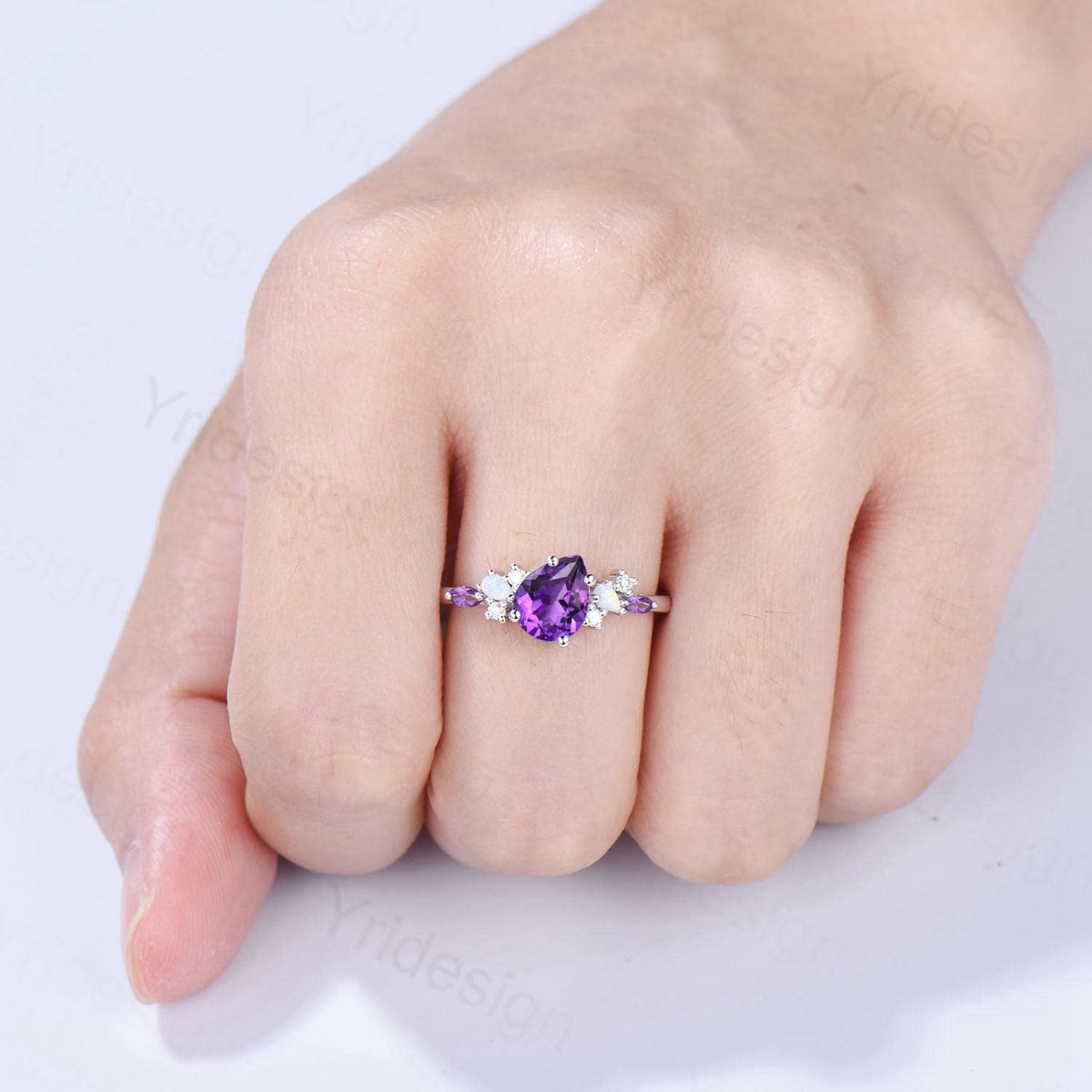 Unique Purple Gemstone Engagement Ring, Cluster Opal Lavender Amethyst Wedding Ring, Pear Shaped Purple Sapphire Ring Cute Anniversary Gift