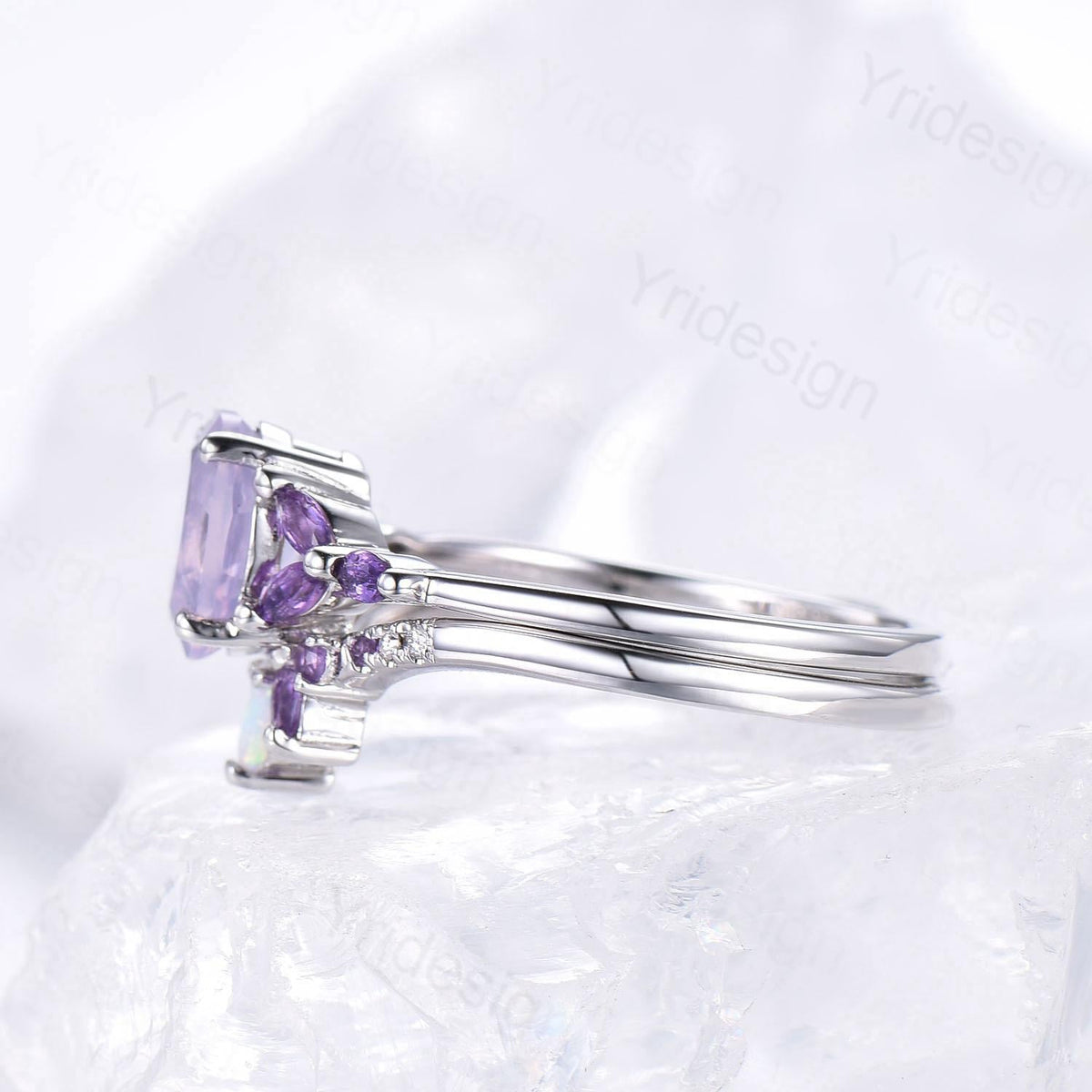 Vintage Oval natural Lavender Amethyst Engagement Ring Set Unique Seven Stone Marquise Amethyst  Wedding Bridal Set February Birthstone Gift