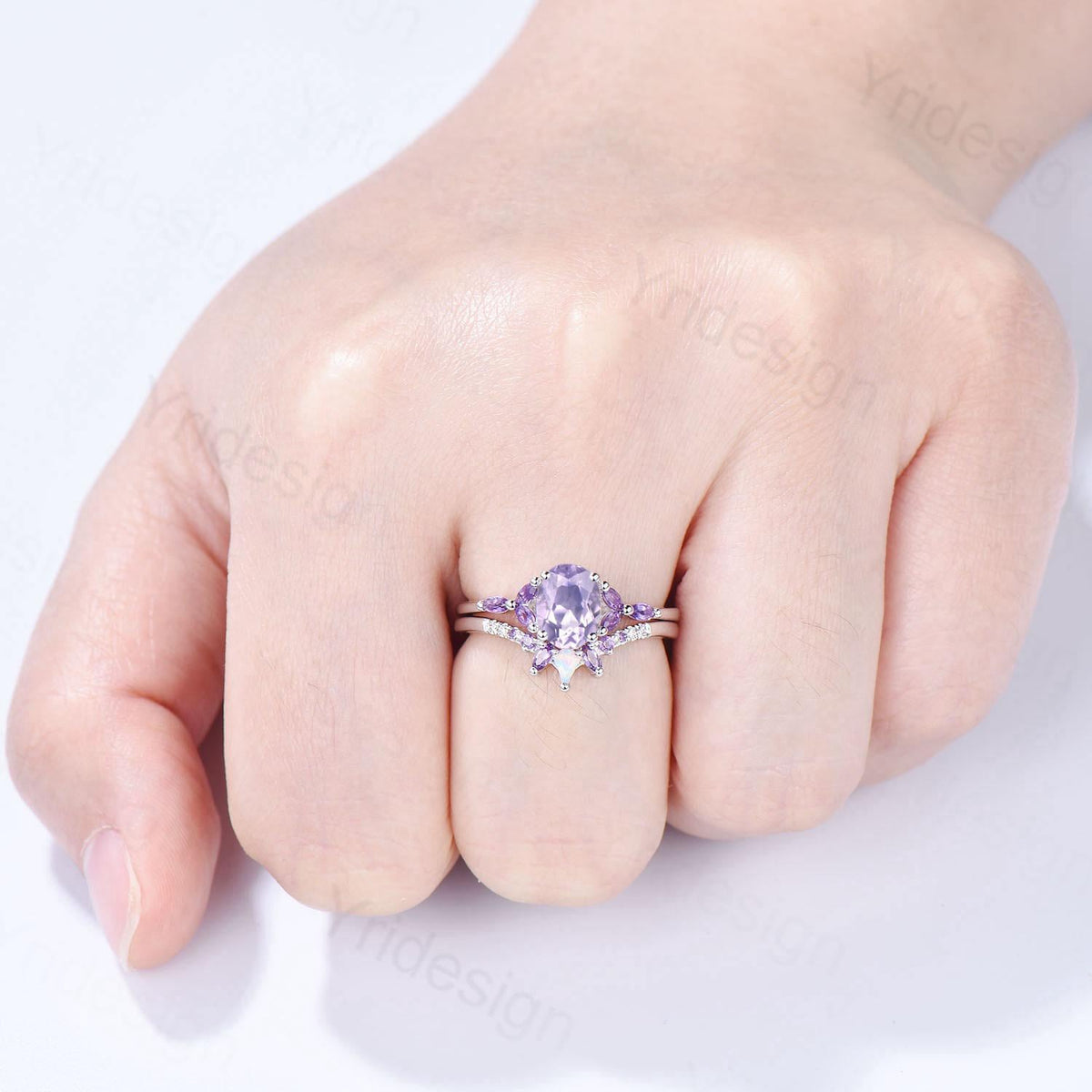 Vintage Oval natural Lavender Amethyst Engagement Ring Set Unique Seven Stone Marquise Amethyst  Wedding Bridal Set February Birthstone Gift