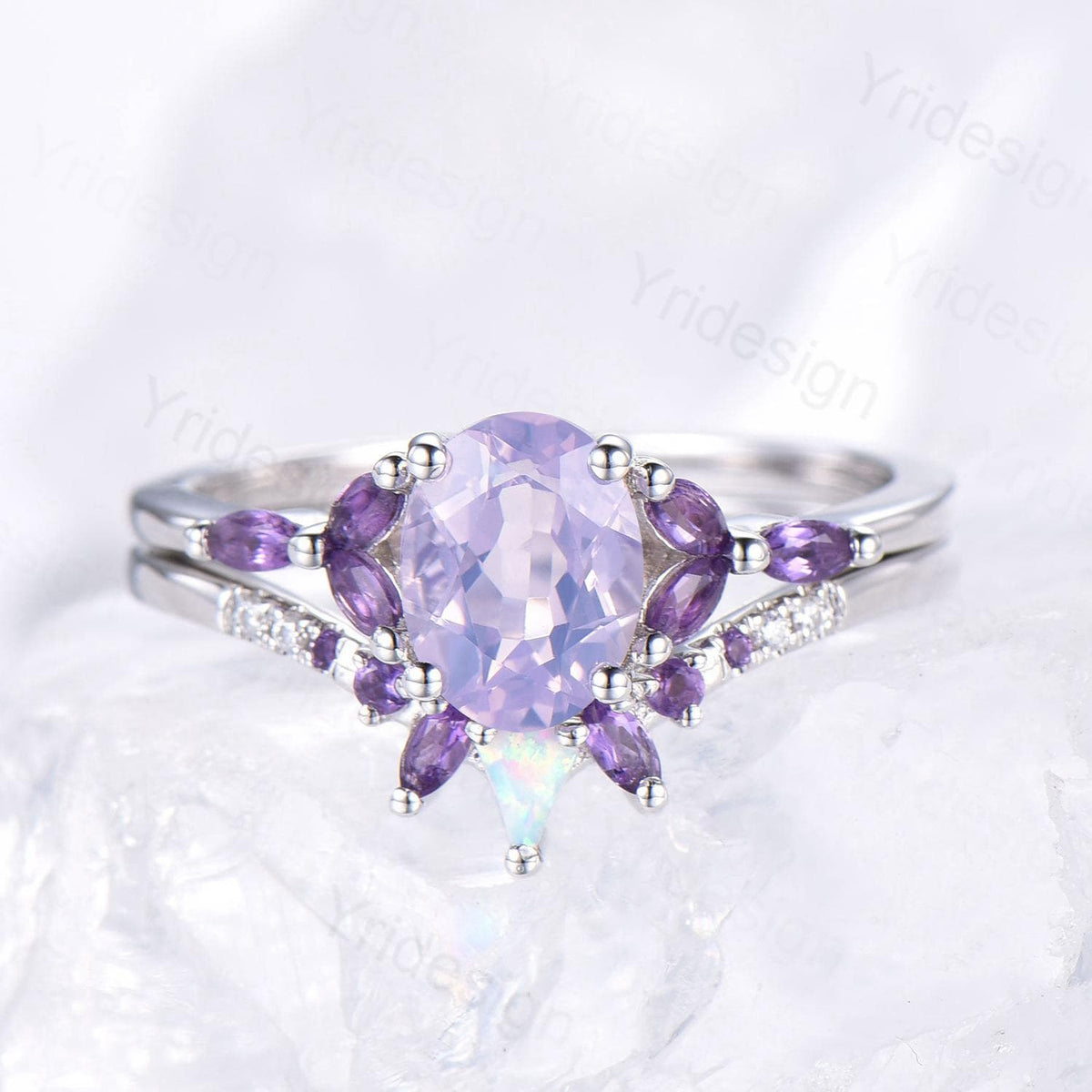 Vintage Oval natural Lavender Amethyst Engagement Ring Set Unique Seven Stone Marquise Amethyst  Wedding Bridal Set February Birthstone Gift