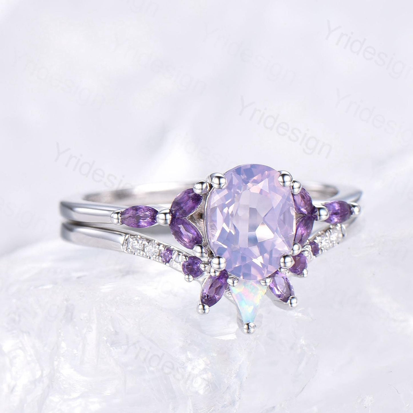 Vintage Oval natural Lavender Amethyst Engagement Ring Set Unique Seven Stone Marquise Amethyst  Wedding Bridal Set February Birthstone Gift