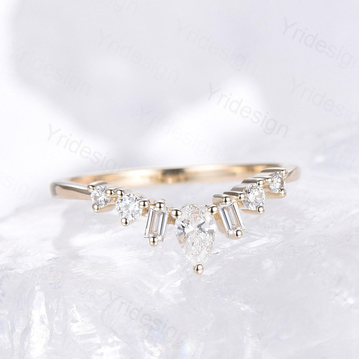 Solid 14K Yellow Gold Lab Grown diamond wedding band women unique curved wedding band women art deco matching stacking band anniversary ring