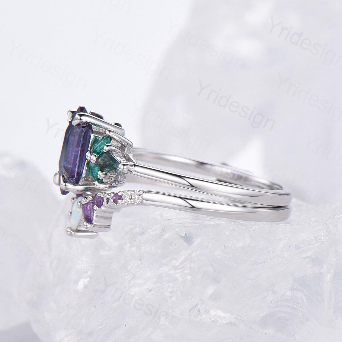 Vintage long hexagon alexandrite engagement ring set Unique cluster marquise emerald kite moss agate bridal set opal amethyst stacking band