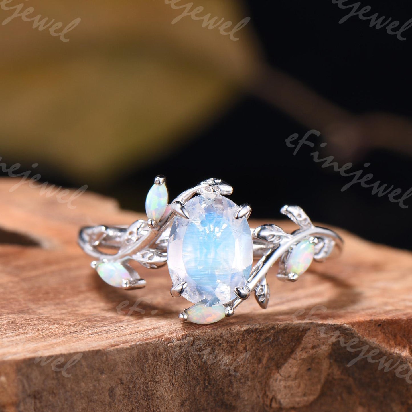 Oval Moonstone Engagement Ring, Leaf Vine Opal Accent, 14K Gold