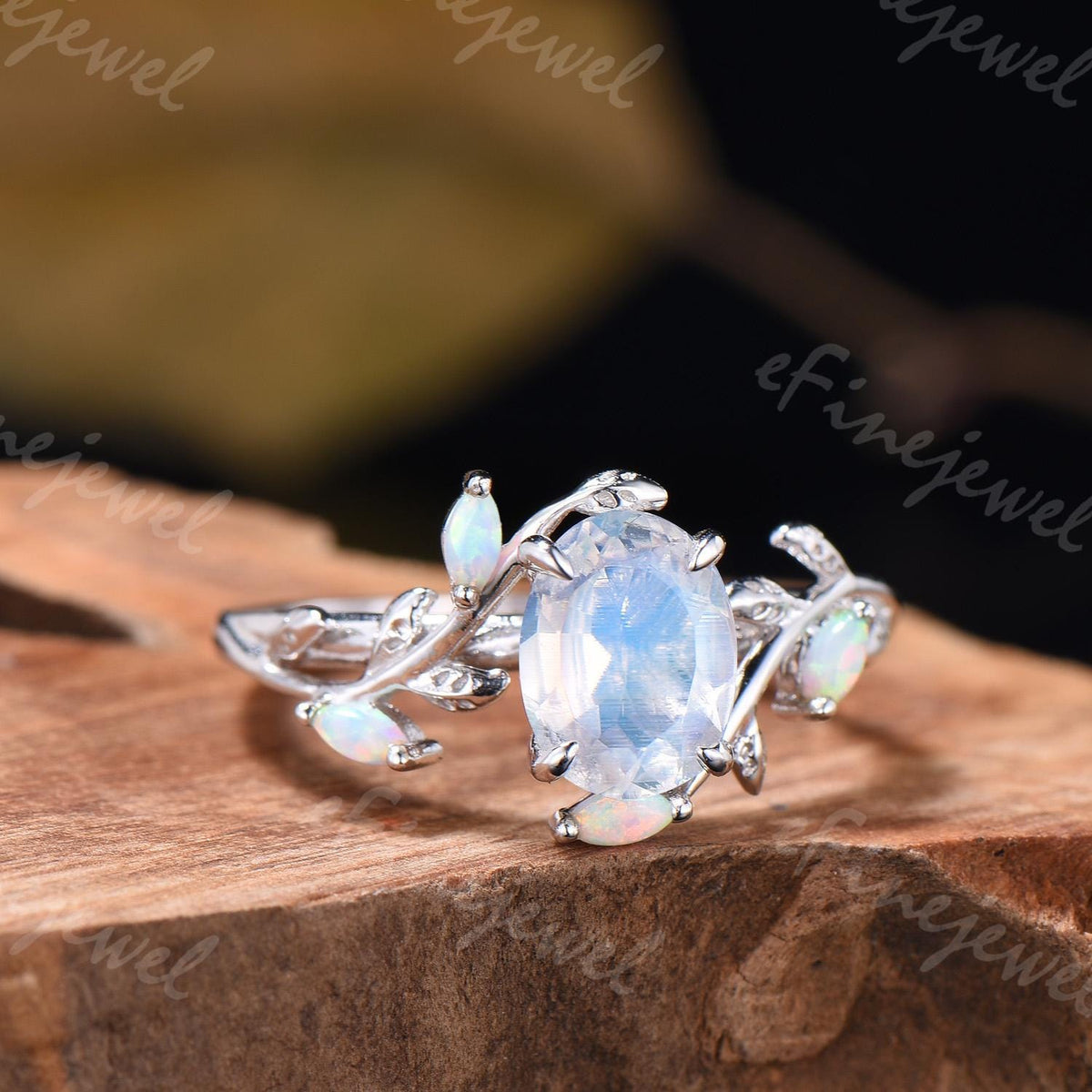 Oval Moonstone Engagement Ring, Leaf Vine Opal Accent, 14K Gold