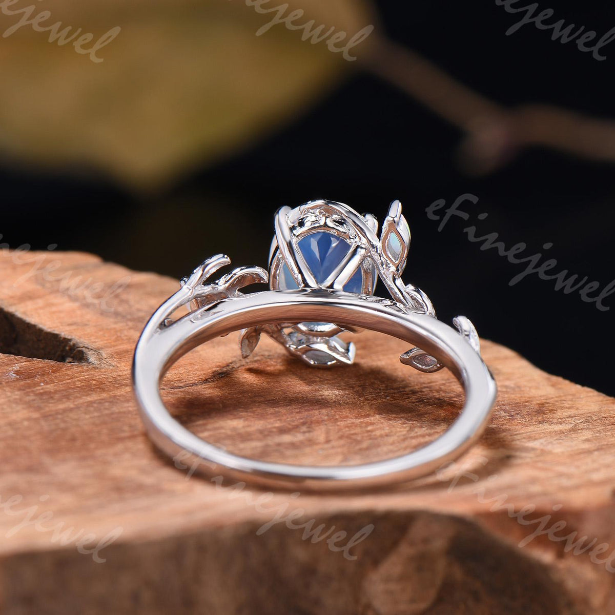 Oval Moonstone Engagement Ring, Leaf Vine Opal Accent, 14K Gold