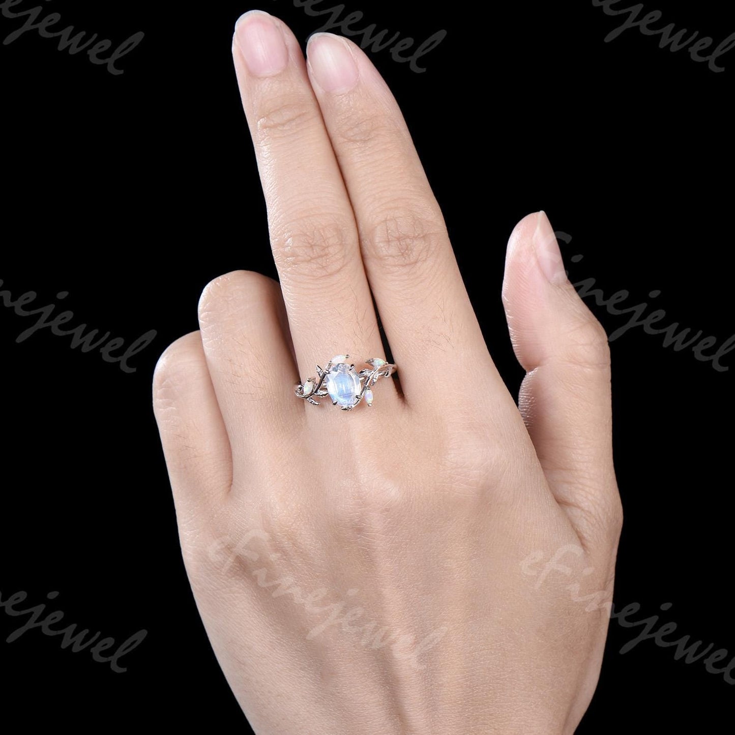 Oval Moonstone Engagement Ring, Leaf Vine Opal Accent, 14K Gold