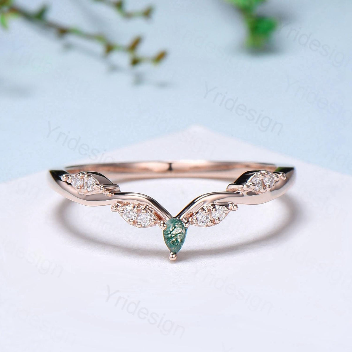 Curved Moss Agate Wedding Band, 14K Rose Gold Snowdrift Teardrop Green Agate Stacking ring Moissanite Diamond Matching band Anniversary gift