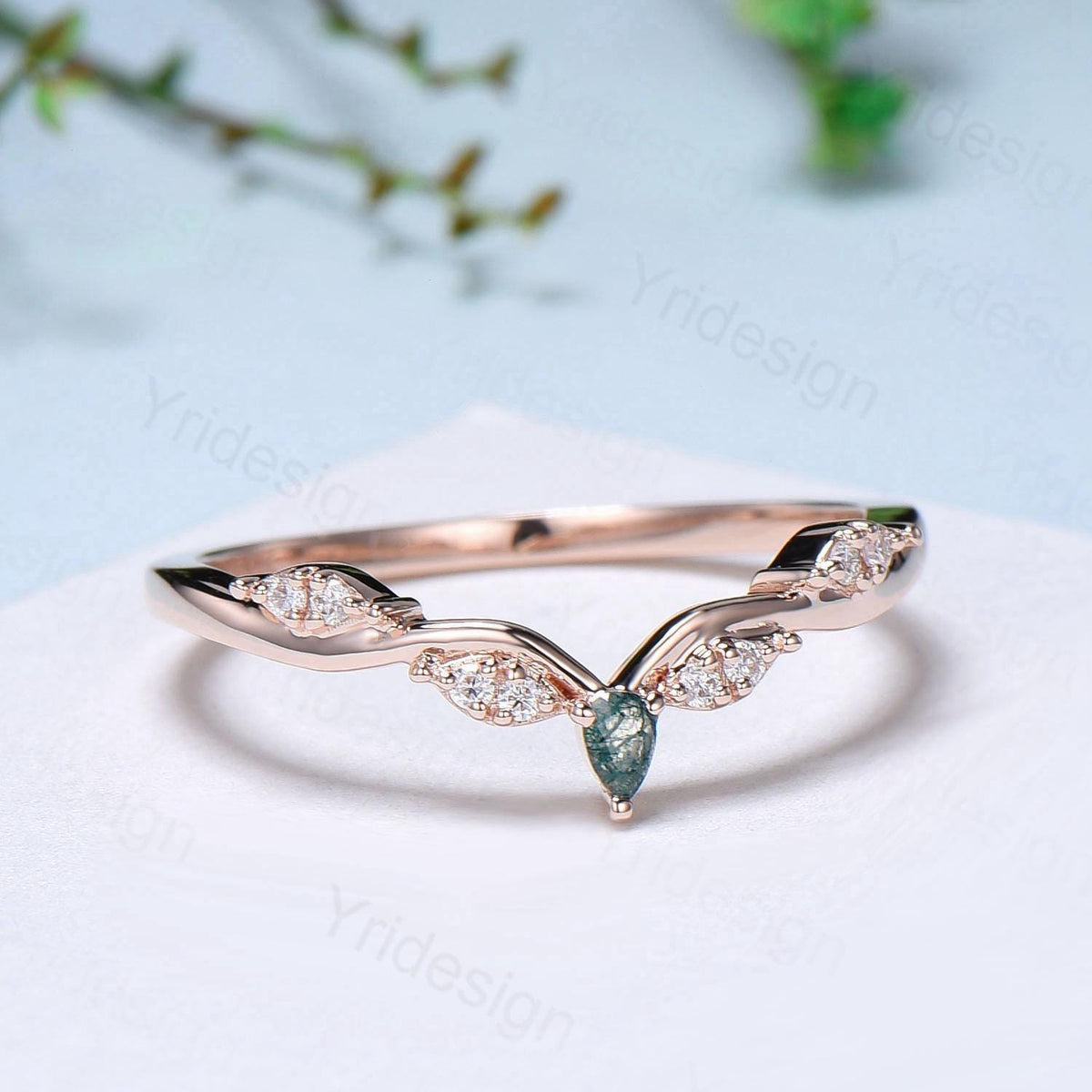 Curved Moss Agate Wedding Band, 14K Rose Gold Snowdrift Teardrop Green Agate Stacking ring Moissanite Diamond Matching band Anniversary gift